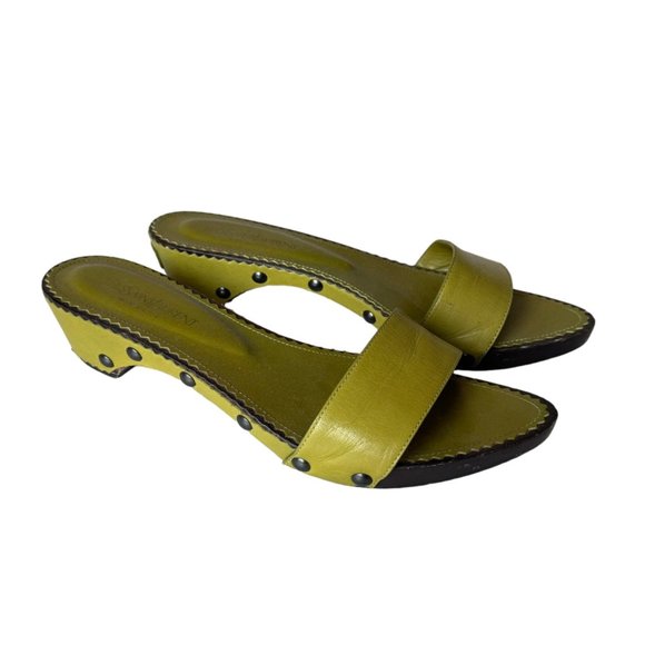 Vintage YVES SAINT LAURENT Green Leather Studded Wooden Slides Sandals Sz.10 - Picture 14 of 16